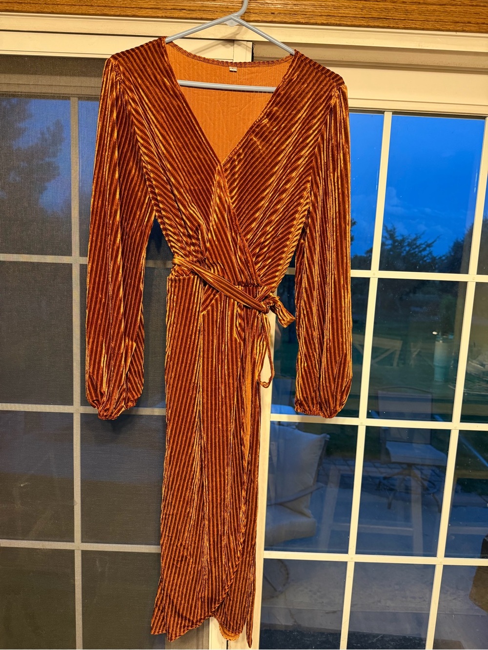Long Sleeve Wrap Dress in Rust Velvet. Bin 125